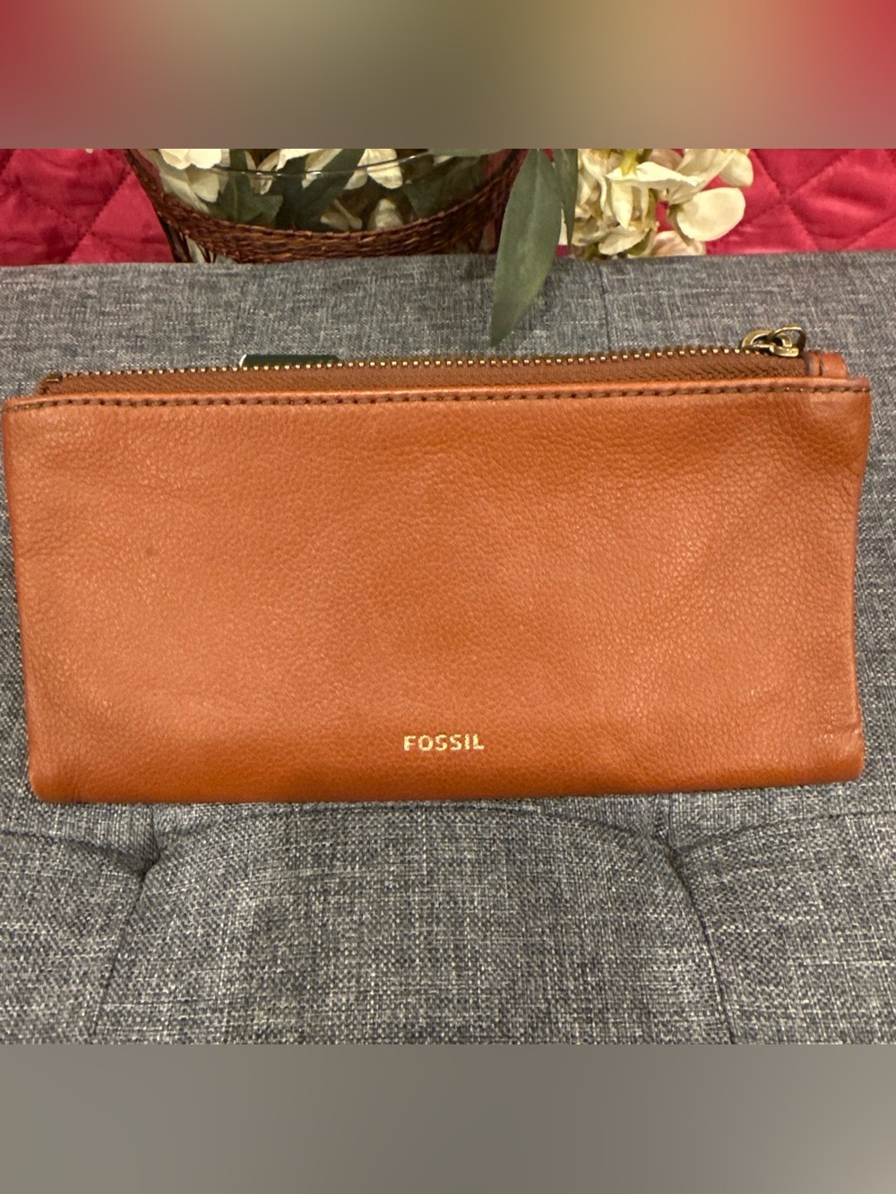 Fossil Cognac Leather Zip Clutch Wristlet